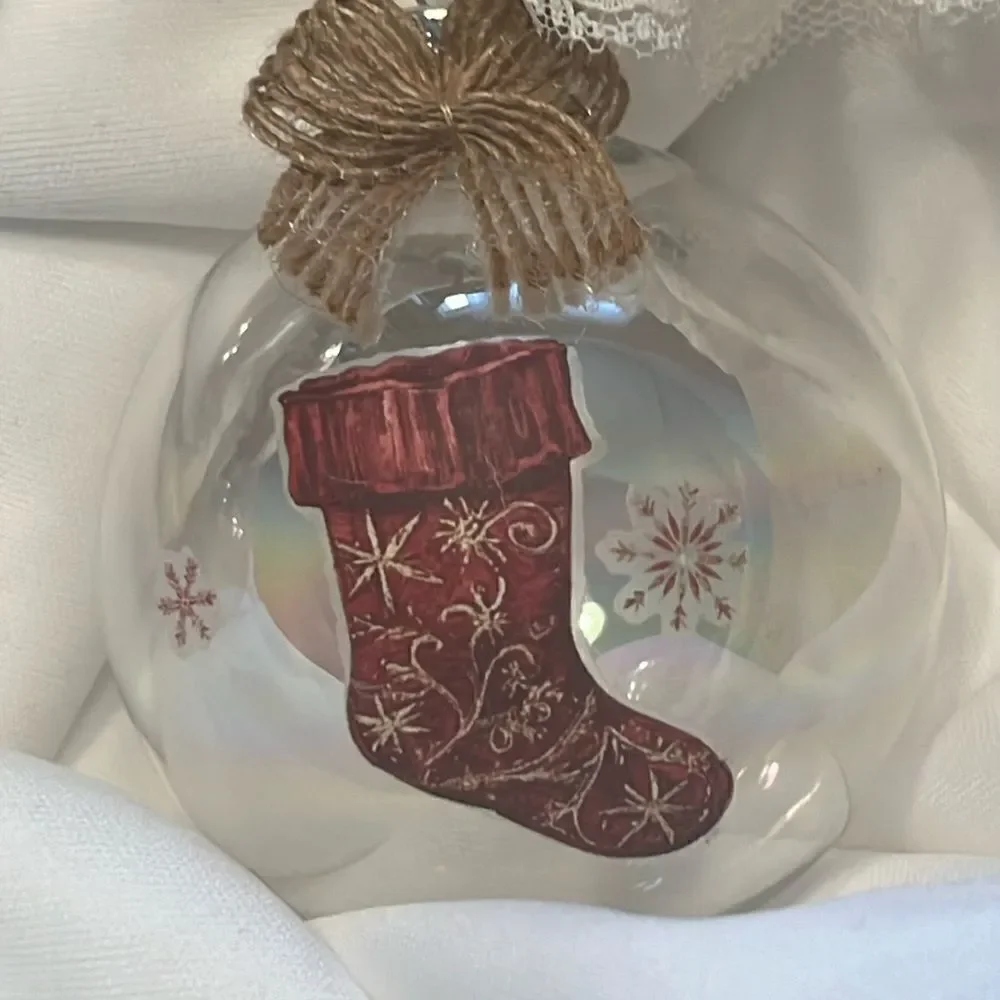 Upcycled Clear Glass Ornaments 3 Different Christmas Balls stocking, sleigh, hut